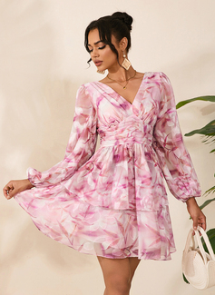 Floral Print Jacquard V-Neck Long Sleeve A-line Chiffon Mini Dress 
