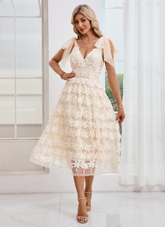 Bow Embroidered V-Neck Sleeveless A-line Tulle Midi Dress 