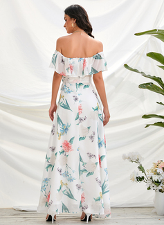 Splittet Front Bare skuldre Ermeløs Ferie A-line kjole Chiffong Midi Ankel-lengde Motekjoler 