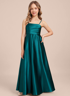 A-line Square Floor-Length Stretch Satin Junior Bridesmaid Dress 