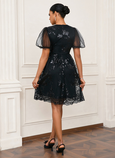 Sequins Scoop Illusion Short Sleeve A-line Tulle Mini Dress 