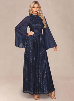A-line High Neck Floor-Length Chiffon Sequin Evening Dress 