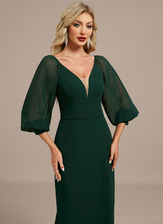 Sheath/Column V-Neck Tea-Length Chiffon Evening Dress With Pleated 