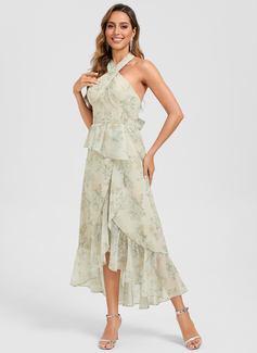 Trapèze licou asymétrique mousseline floral robe de cocktail avec à volants 