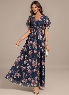 A-line V-Neck Floor-Length Chiffon Evening Dress With Smocked Floral Print 