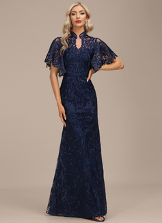 Linjeform høy Hals Illusjon Gulvlengde Blonder Festkjole 