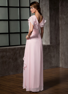 A-line V-Neck Floor-Length Chiffon Mother of the Bride Dress With Cascading Ruffles Crystal Brooch 