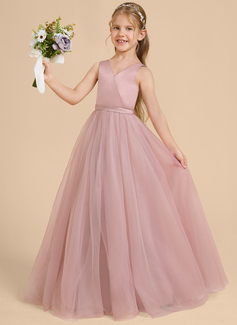 Prinzessin V-Ausschnitt Bodenlang Tüll Satin Blumenmädchenkleid mit Schleife Schärpe 