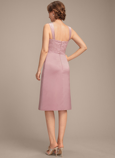 A-line Square Knee-Length Satin Lace Mother of the Bride Dress With Pleated Sequins 