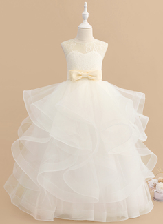 Prinzessin Rundhals Bodenlang Satin Tüll Spitze Blumenmädchenkleid mit Schleife 