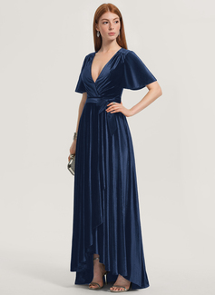 A-Linien-Kleid V-Ausschnitt Vokuhila Samt Brautjungfernkleid mit Schleife 