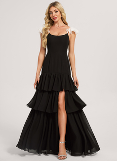 A-line Scoop Floor-Length Chiffon Bridesmaid Dress With Cascading Ruffles Black and White 