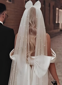 Pearl Bow Cut Edge Single Tier Tulle Bridal Cathedral Length Wedding Veils 
