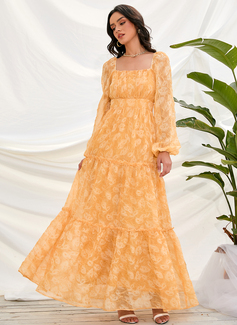 Firkantet utringning Lange ermer Elegant A-line kjole Chiffong Midi Motekjoler 