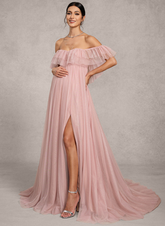 A-line Off the Shoulder Sweep Train Tulle Maternity Dresses With Ruffle 
