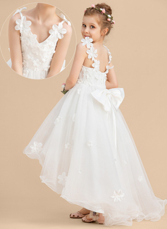 Prinzessin V-Ausschnitt Vokuhila Tüll Blumenmädchenkleid mit Schleife Perlen 3D-Blumen 