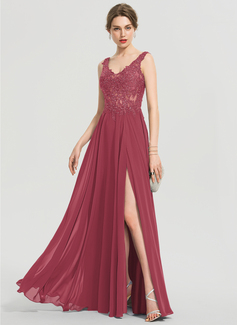 A-Linien-Kleid V-Ausschnitt Bodenlang Chiffon Spitze Ballkleid mit Perlen Pailletten 
