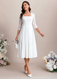 A-line Square Tea-Length Lace Stretch Crepe Wedding Dress 