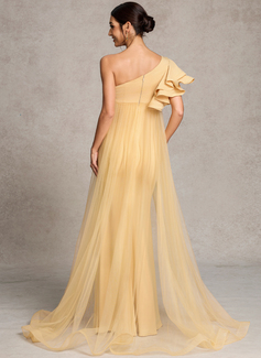 Sheath/Column One Shoulder Sweep Train Tulle Jersey Maternity Dresses With Ruffle 