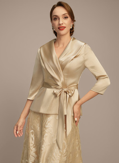 A-line Separates V-Neck Collared Floor-Length Stretch Satin Lace Mother of the Bride Dress With Bow Pleated 