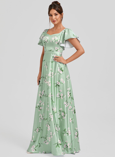 A-line V-Neck Floor-Length Matte Satin Bridesmaid Dress With Ruffle 