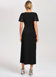 Sheath/Column Boat Neck Tea-Length Stretch Crepe Sequin Cocktail Dress 