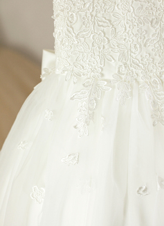 A-line kjole Scoop Te-lengde Sateng Tyll Brudepikekjole barn med Sløyfe 