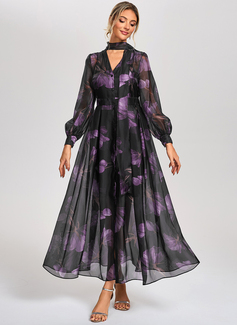 A-line V-Neck Ankle-Length Chiffon Jersey Cocktail Dress With Floral Print 