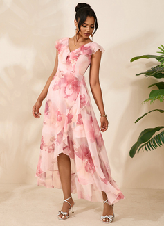 Ruffle Floral Print V-Neck Sleeveless A-line Chiffon Asymmetrical Maxi Dress 