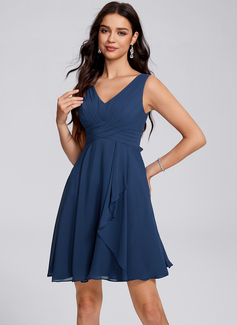A-line V-Neck Short Chiffon Homecoming Dress With Bow Ruffle Ruched 