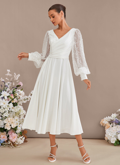 A-line V-Neck Tea-Length Stretch Crepe Wedding Dress With Sequins 