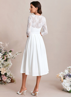A-line Square Tea-Length Lace Stretch Crepe Wedding Dress 