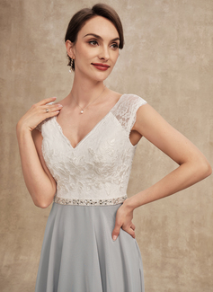 A-Line V-neck Tea-Length Chiffon Lace Mother of the Bride Dress With Beading 