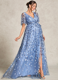 A-line V-Neck Floor-Length Sequin Lace Maternity Dresses 