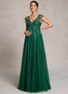 A-line V-Neck Illusion Floor-Length Tulle Lace Maternity Dresses With Sequins 