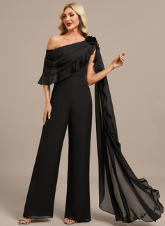 Jumpsuits Asymmetrical One Shoulder Floor-Length Chiffon Evening Dress With Cape 3D Floral Ruffle 