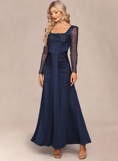 Square Long Sleeve Trumpet/Mermaid Tulle Sequin stretchy fabric Maxi Dress 