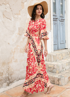 Rund hals Trekvart ermer Ferie A-line kjole Polyester Midi Motekjoler 