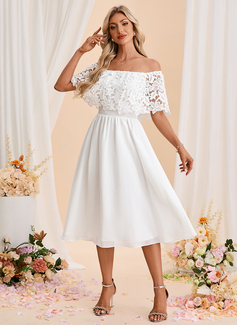Off the Shoulder Sleeveless A-line Chiffon Lace Midi Dress 