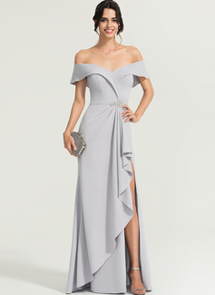 Slire Skulderfri Gulvlengde Stretch crepe Festkjole med Brusende Volanger Profilering 