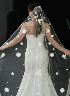 Floral Cut Edge Single Tier Tulle Bridal Cathedral Length Wedding Veils 