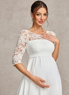 A-line Scoop Illusion Floor-Length Lace Chiffon Maternity Dresses With Bow 
