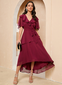 Brusende Volanger V-hals 1/2-ermer Elegant A-line kjole Chiffong Asymmetrisk Motekjoler 