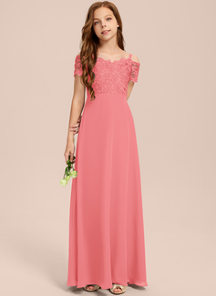 A-line kjole Kald skulder Gulvlengde Chiffon Blonder Brudepikekjole ungdom 