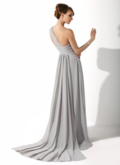 A-Line/Princess One-Shoulder Sleeveless Floor-Length Chiffon Bridesmaid Dresses with Watteau Train