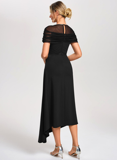 Rhinestone Illusion Short Sleeve A-line stretchy fabric Asymmetrical Midi Dress 