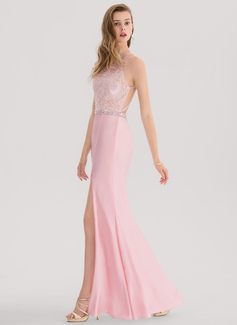 Trumpet/Mermaid Scoop Neck Floor-Length Jersey Prom Dresses With Beading Split Front 