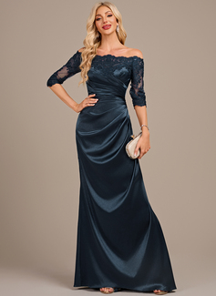 Sheath/Column Off the Shoulder Floor-Length Lace Stretch Satin Mother of the Bride Dress With Pleated 