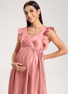 A-line V-Neck Floor-Length Stretch Satin Maternity Dresses With Ruffle 