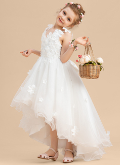 Prinzessin V-Ausschnitt Vokuhila Tüll Blumenmädchenkleid mit Schleife Perlen 3D-Blumen 